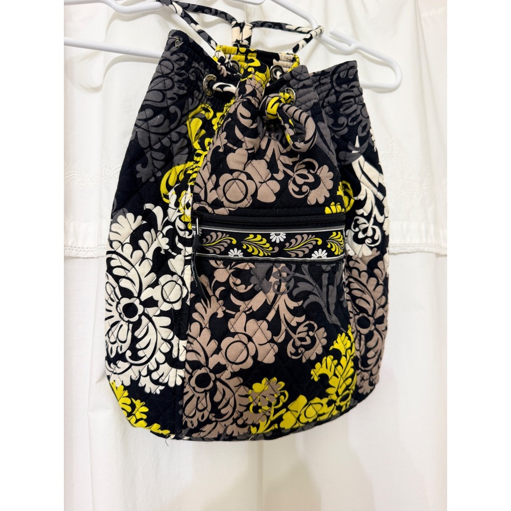 Vera Bradley Baroque Quilted Cotton Cinch Drawstring Backpack Black Yellow - Picture 2 of 9